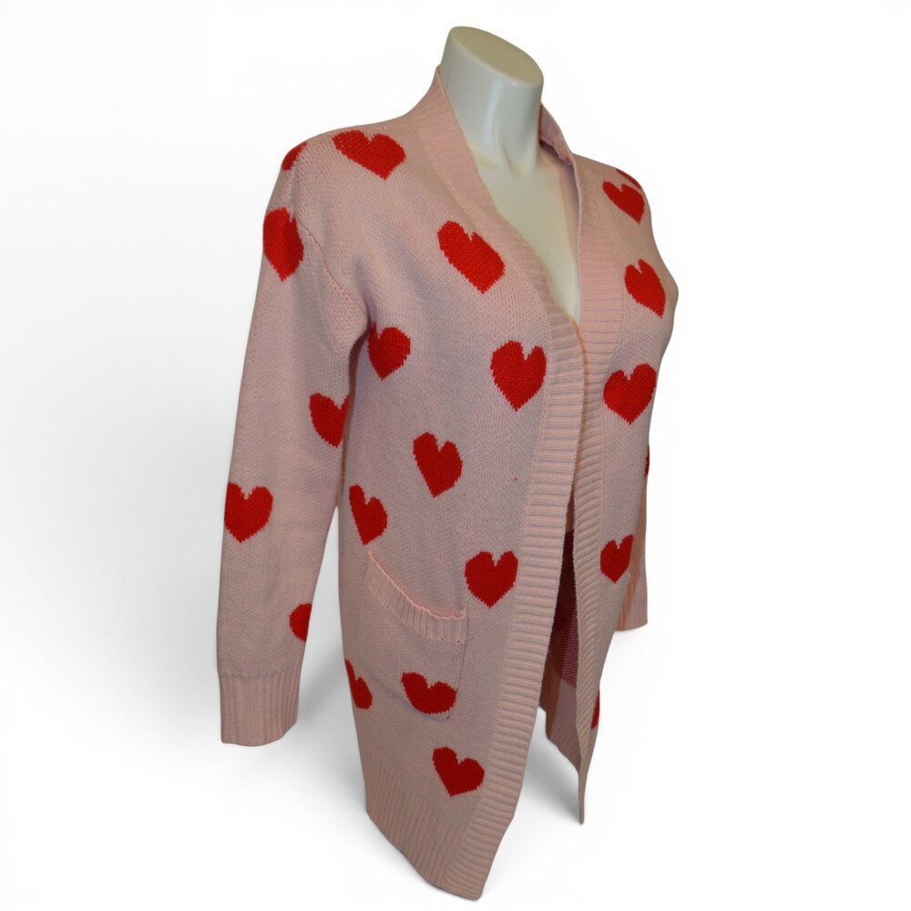 Women's Pink Heart Print Open Front Cardigan Sweater Size L Soft Cozy Acrylic